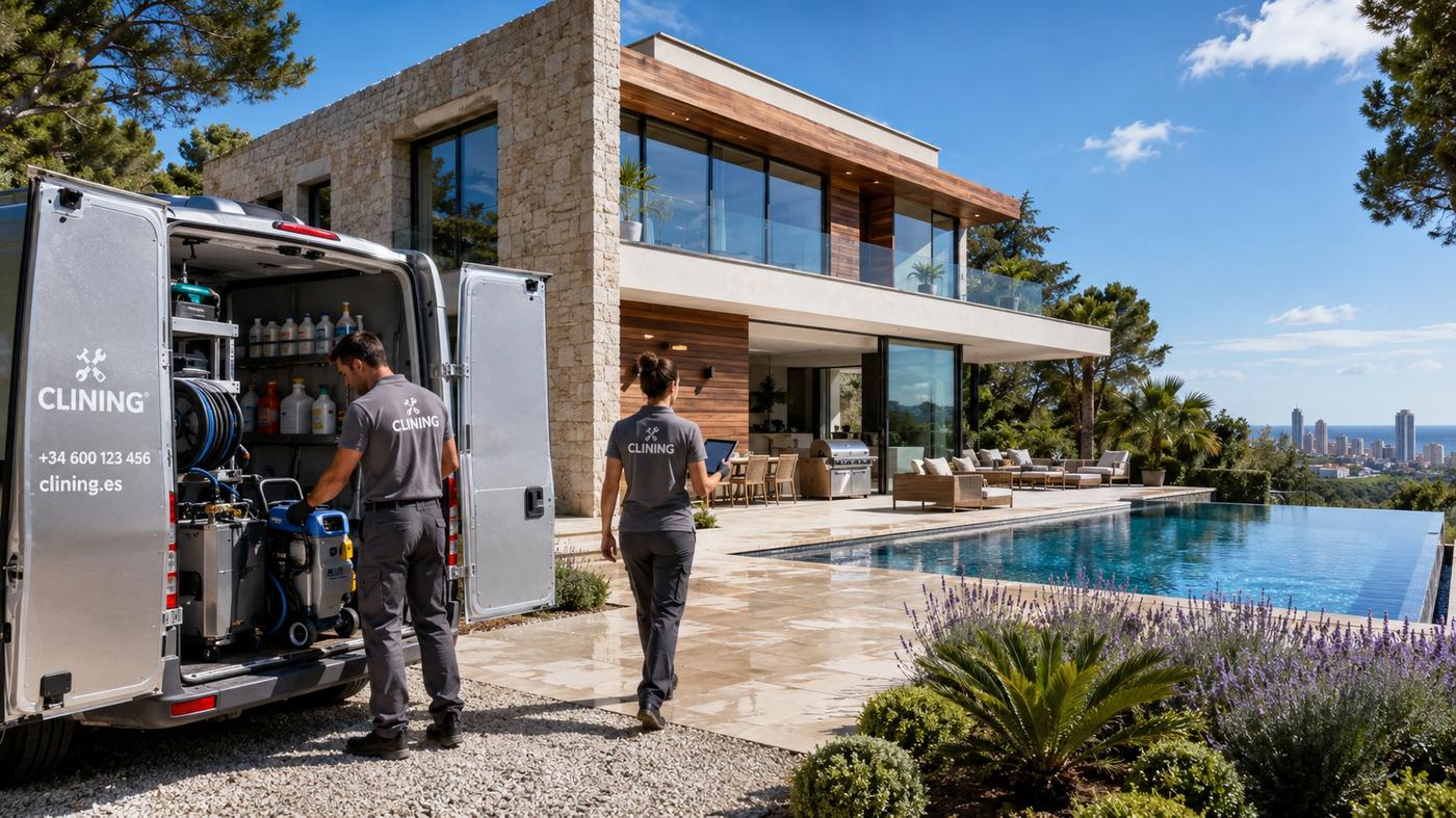 Equipo Clining preparando equipamiento ante una villa moderna con piscina en Albir, vistas a la bahía de Benidorm al fondo