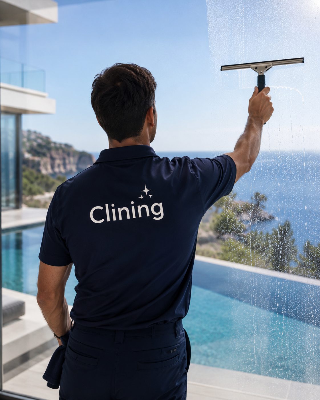 Clining limpiando cristales en villa de Altea con bahía al fondo
