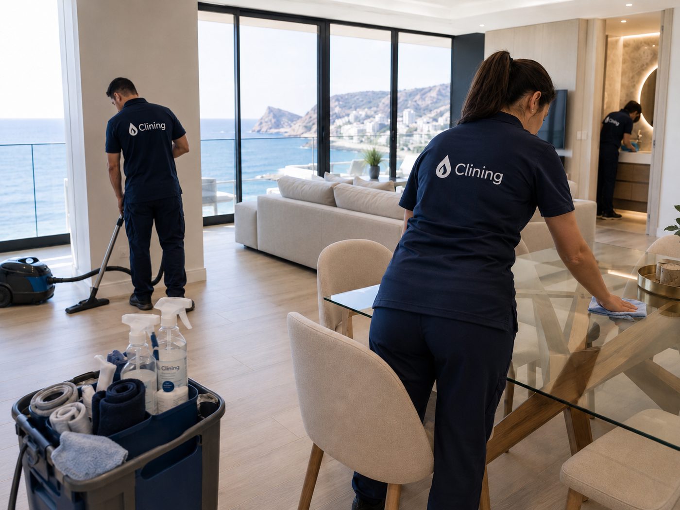 Equipo Clining trabajando en apartamento con vistas al mar en Cala de Finestrat