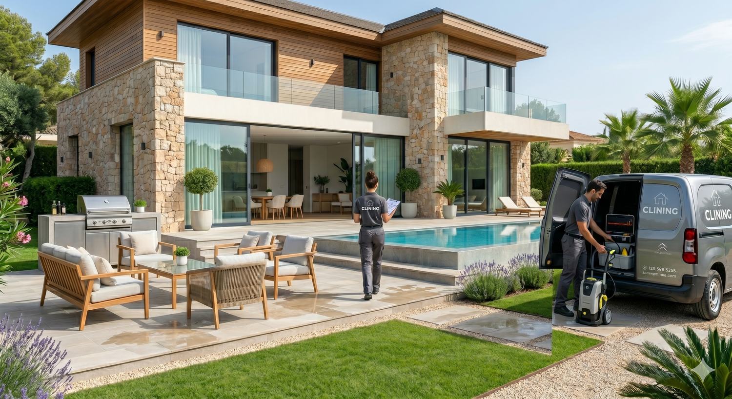 Chalet moderno con jardín, piscina y zona de barbacoa en urbanización de La Nucía, equipo Clining al lado