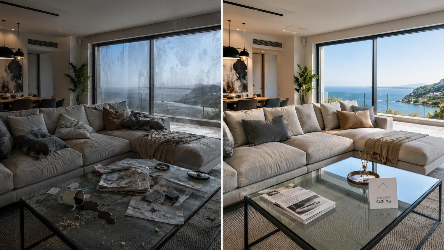Comparación antes y después del servicio de mudanza cleaning en un salón con vistas a la bahía en La Nucía