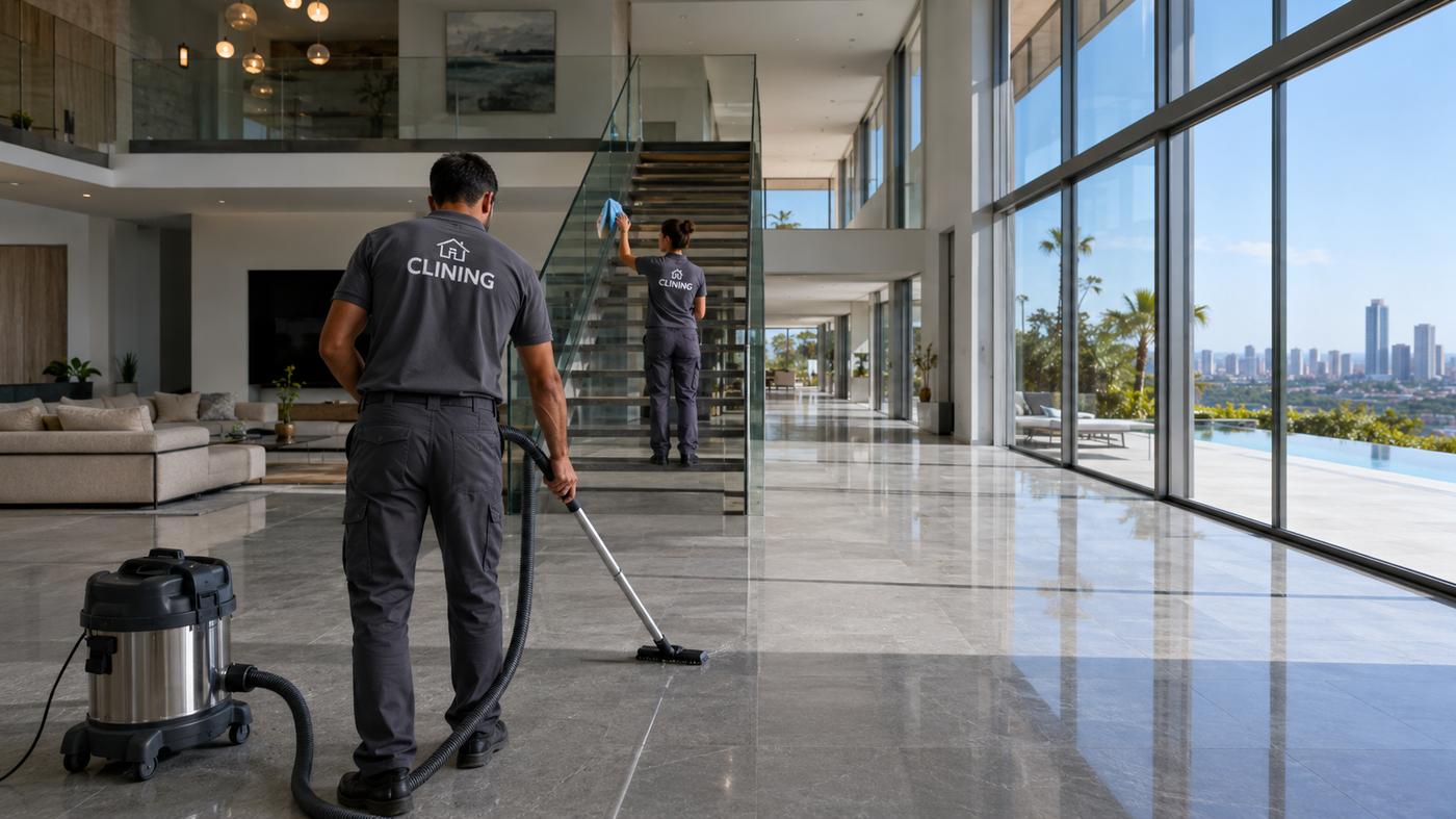 Limpieza profunda en gran chalet con suelos de mármol y panorámica desde el salón en La Nucía