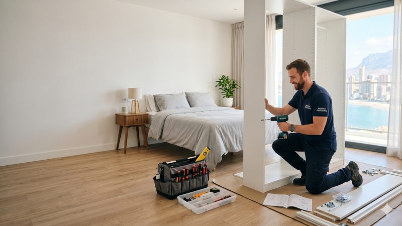 Handyman assembling furniture at home